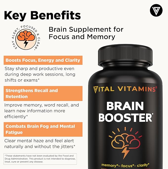 Vital Vitamins Brain Supplements with Bacopa Monnieri - for Memory and Focus – Nootropic Brain Booster - Caffeine-Free Support for Adults &amp Seniors – Non-GMO 30-Day Supply 30 Capsules