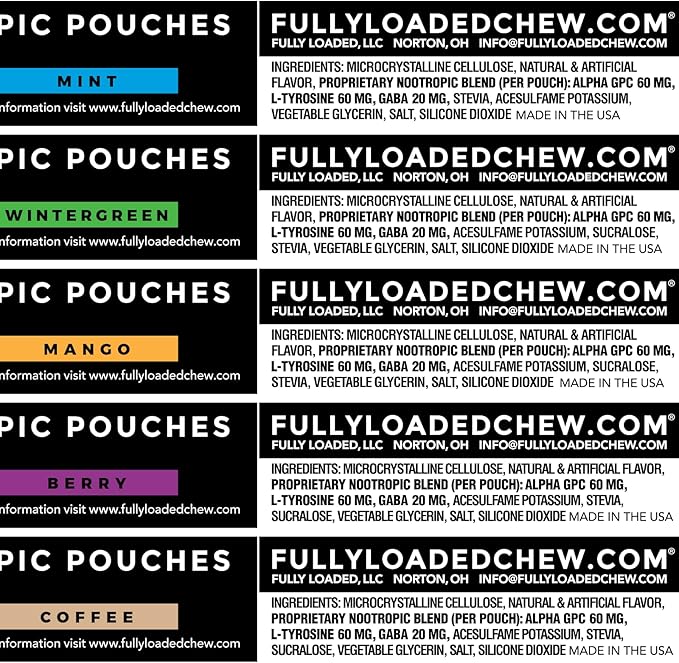Fully Loaded Alpha Nootropic Pouches (Variety Pack) - 5 Cans - 15 Pouches per can - Effective Nootropic Delivery Nic Pouch Replacement - Faster Absorption Alpha GPC L-Tyrosine GABA