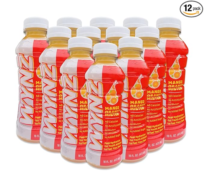 12pack - Wynz Mango Orange Mister Youth Hydration Sports Drink 22.71% Fruit Juice with Coconut Water Monk Fruit Filtered Water 16 oz Slim Bottle