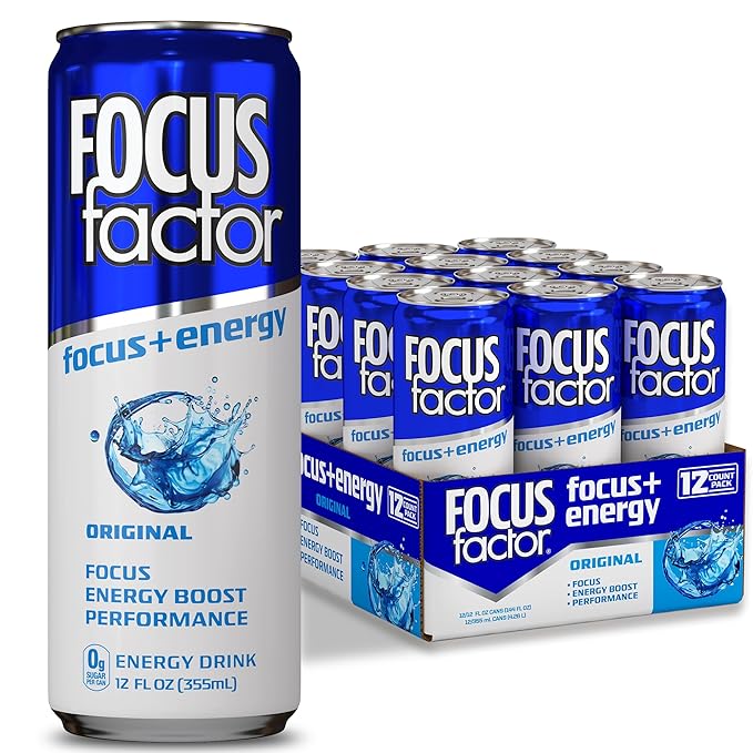 Focus Factor Energy Drink - 12 x 355ml Cans (Original Flavor) - with Focus + Energy - Lightly Carbonated Sugar Free Low Calorie with Vitamin B6 &amp Vitamin B12
