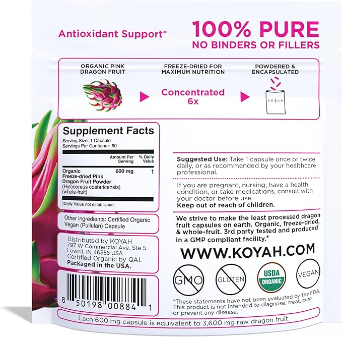 KOYAH - Organic Dragon Fruit Capsules – 600 mg Freeze-Dried Powder (Equals 3600 mg Fresh) – Whole-Food Vegan Non-GMO 60 Count