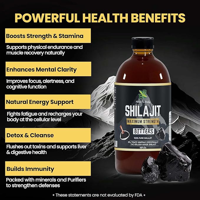 Herb To Body Pure Shilajit Bitter - 16oz Natural Herbal Tonic made with Wildcrafted Shilajit for Men Gold Grade Product for Wellness and Detox Support