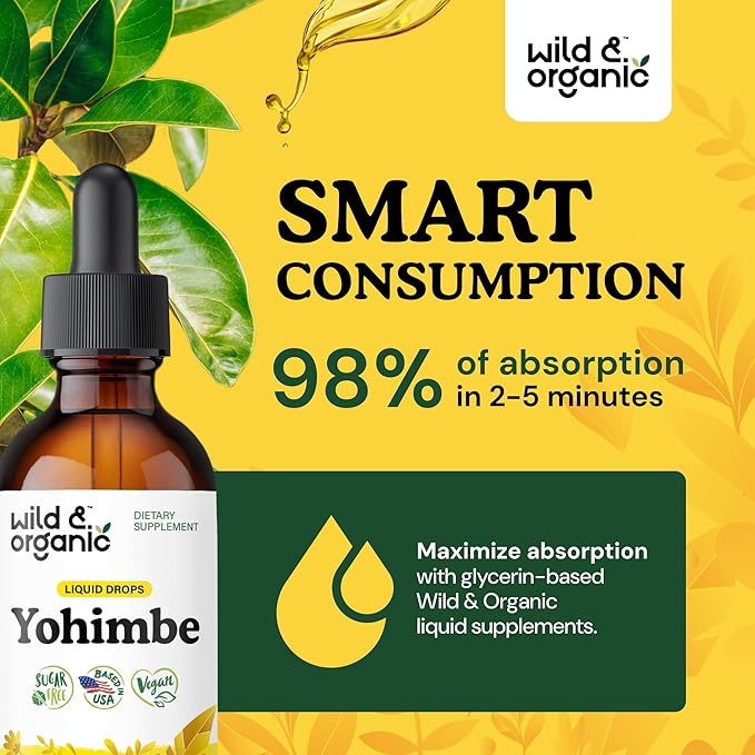Wild &amp Organic Yohimbe Supplements for Men &amp Women - 5 mg Yohimbine Liquid Extract Drops - Pausinystalia Yohimbe Bark Tincture - Vegan Alcohol-Free - 2 fl oz