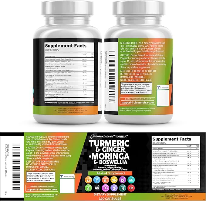 Turmeric Moringa Supplement | Ginger Boswellia Saffron - Supplement for Women and Men with Ceylon Cinnamon Tart Cherry Quercetin Garlic Nettle Holy Basil - 5Pack