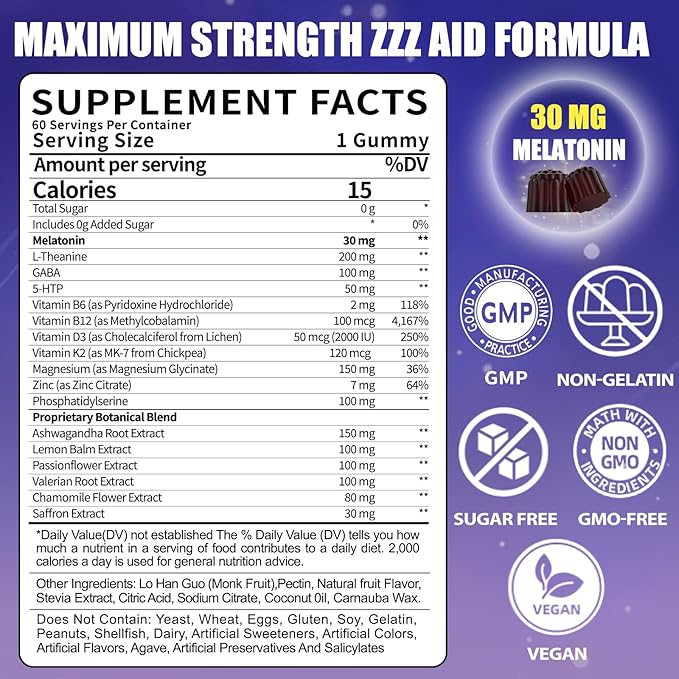 30mg Melatonin Gummies Supplement: Extra Strength Plus Magnesium Ashwagandha L-Theanine Chamomile Valerian GABA Vitamins B6 B12 D3 for Natural Zzz - Sugar Free for Nighttime Adults(120Count)