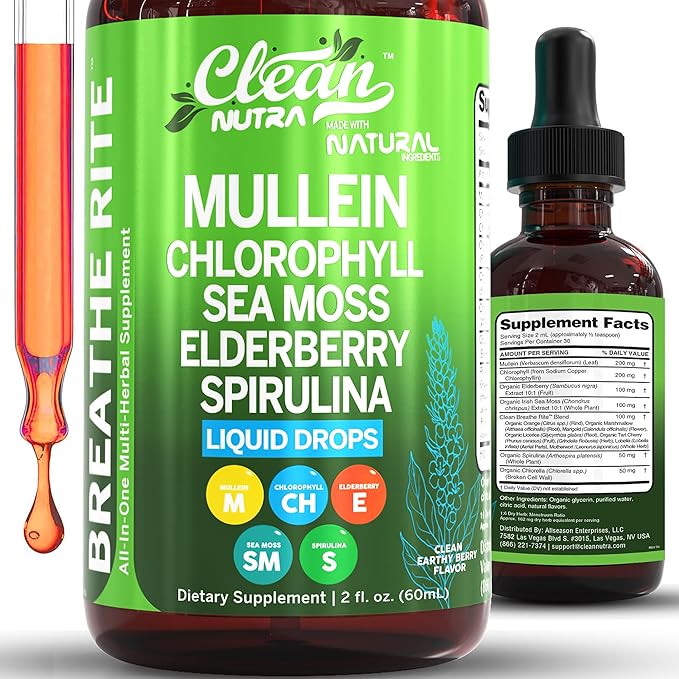 Clean Nutra Mullein Drops for Lungs Organic Chlorophyll Liquid Irish Sea Moss Spirulina Licorice Tart Cherry Lobelia Motherwort &amp Elderberry Mullein Leaf Extract Tincture Men Women Supplement