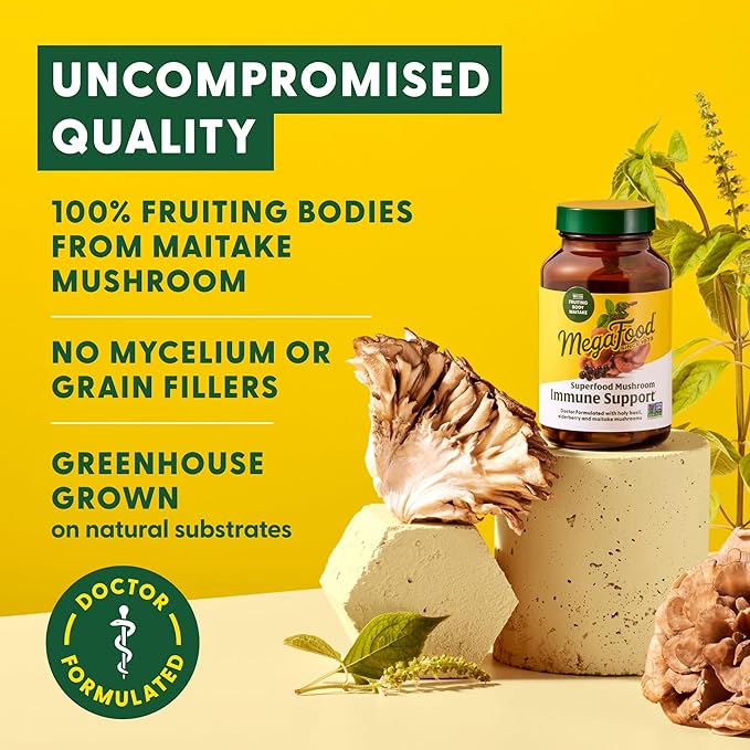 MegaFood Superfood Mushroom Immune Support - Maitake Mushroom Supplement with Elderberry &amp Holy Basil to Help Support a Healthy Immune System - Doctor Formulated Vegan - 60 Capsules 30 Servings