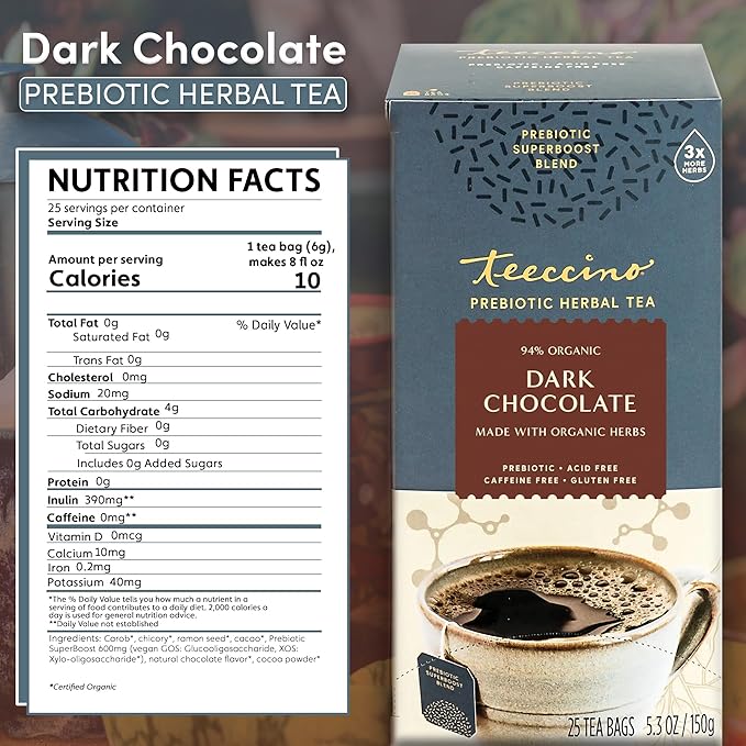 Teeccino Dark Chocolate Prebiotic SuperBoost Bundle - 25 Tea Bags 10 Ounce Herbal Coffee