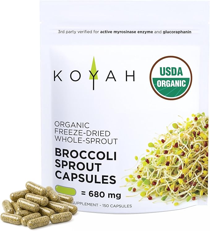 KOYAH - Organic Broccoli Sprout Capsules – Freeze-Dried Whole Broccoli Sprouts – 3rd Party Tested for Active Myrosinase &amp Glucoraphanin (Sulforaphane Glucosinolate) - 150 Capsules