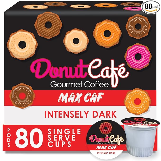 Donut Café Max Caf - Bold &amp Powerful High Caffeine Intensely Dark Roast Coffee Pods – For Keurig K Cup Brewers – Certified Non-GMO Gluten-Free Kosher – 1.5X Caffeine – 80 Count