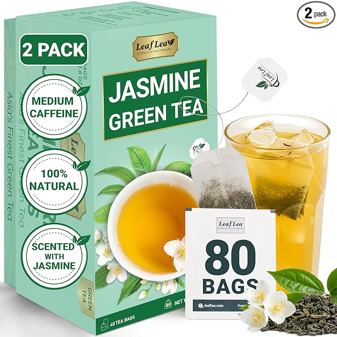 LeafLea 80 Jasmine Green Tea Bags Green Tea with Natural Jasmine Aroma Light Focus &amp Daily Balance Delicate Floral and Smooth Taste Caffeinated Sugar-Free Non-GMO Vegan Individually Wrappe