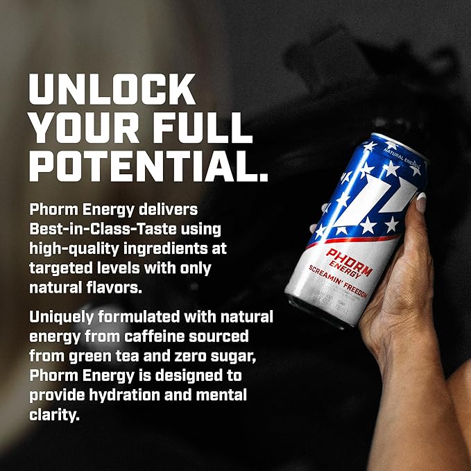 Phorm Energy Drink Screamin’ Freedom Rocket Pop Flavor Sugar Free 200 mg Natural Caffeine From Green Tea Electrolytes and Vitamin B12 Gluten Free Vegan 16 FL Oz Pack of 12