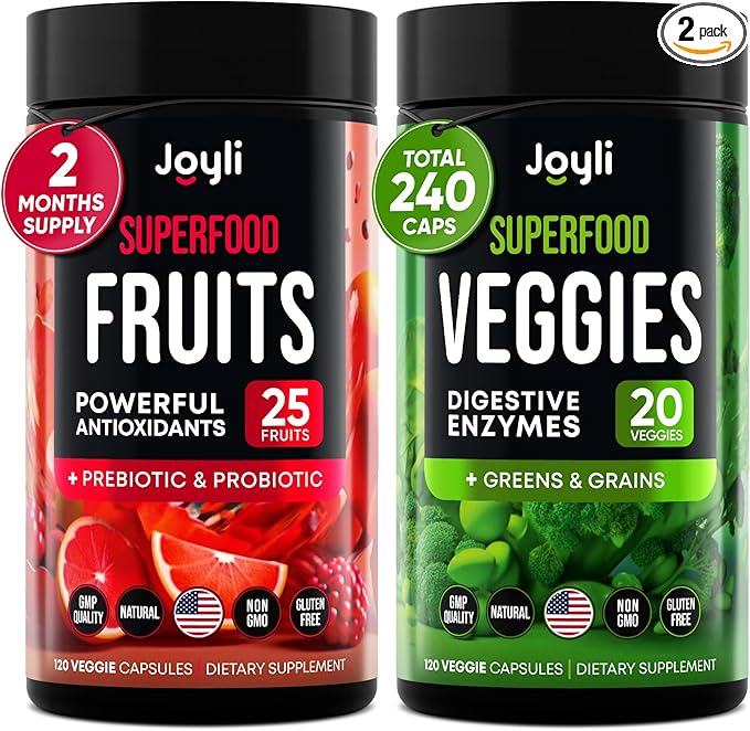 Fruits and Veggies Supplement - High Fiber Supplement for Immunity Gut &amp Energy - Super Reds &amp Super Greens Supplements with Marshmallow Root - 240 Reds and Super Greens Powder Superfood Caps