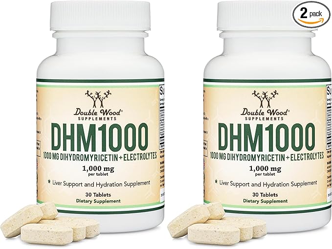 DHM1000 Dihydromyricetin (DHM) Tablets - Most Powerful DHM Supplement on The Market - 1000mg (30 Count) Enhanced with Electrolytes for Hydration and Liver Support by Double Wood (Pack of 2)