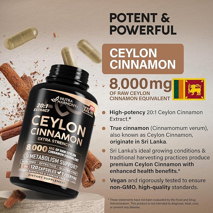 Ceylon Cinnamon Capsules - Extra Strength - Energy Heart &amp Metabolism Support - for Men &amp Women - Pure Natural Extract 20:1 Supplement - Made in USA - GMO &amp Gluten Free 120 Capsules 4 M