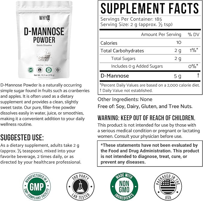 D-Mannose Powder Quick Dissolve Pure Premium Mannose Supplement Essential Powder for Supports Urinary Tract and Bladder Quick Water Soluble Formula for Drinks and Smoothies Vegan Zero-Additives 370g