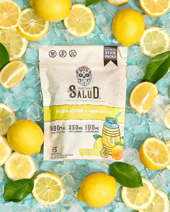 Salud 2-in-1 Hydration Packets + Immunity Electrolytes Powder Lemonade - Agua Fresca Drink Mix Elderberry Dairy &amp Soy Free Non-GMO Gluten Free Vegan Low Calorie 1g Sugar (15 Servings)