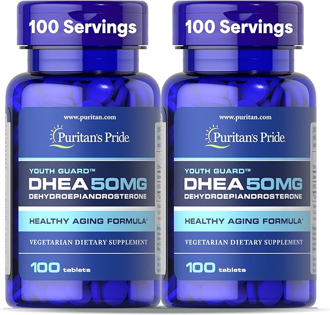 Puritan's Pride Youth Guard DHEA for Women and Men 50mg Dietary Supplement for Healthy Aging 3 Month Supply 100 Tablets 2 Pack