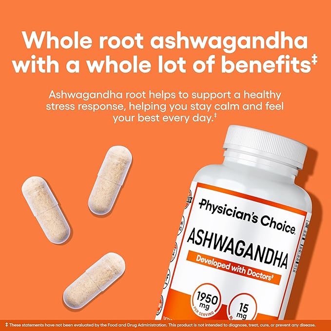 Physician's CHOICE Ashwagandha Supplement - 1950mg of Bioavailable Organic Ashwagandha Root Powder - Black Pepper Extract Stress Support Mood Support Supplement 90 Veggie Capsules