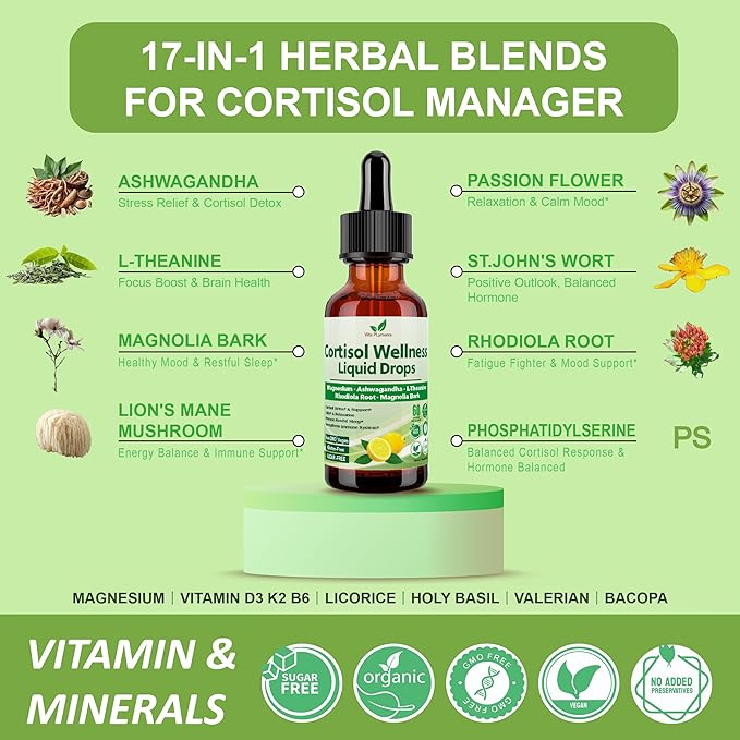 Cortisol Supplement Liquid Drops 17-in-1 Cortisol Detox w. Magnesium Glycinate 400mg Ashwagandha L-Theanine Phosphatidylserine Hormone Balanced for Women Mood Focus Sleep Support