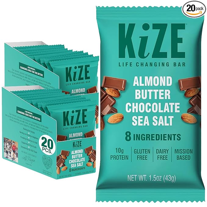KiZE Energy Bars - Almond Butter Chocolate Sea Salt - Gluten Free Dairy Free Non-GMO &amp High Protein Meal Replacement Energy Bars Clean Food Ingredients - 10g High Protein Snacks (20 Count)