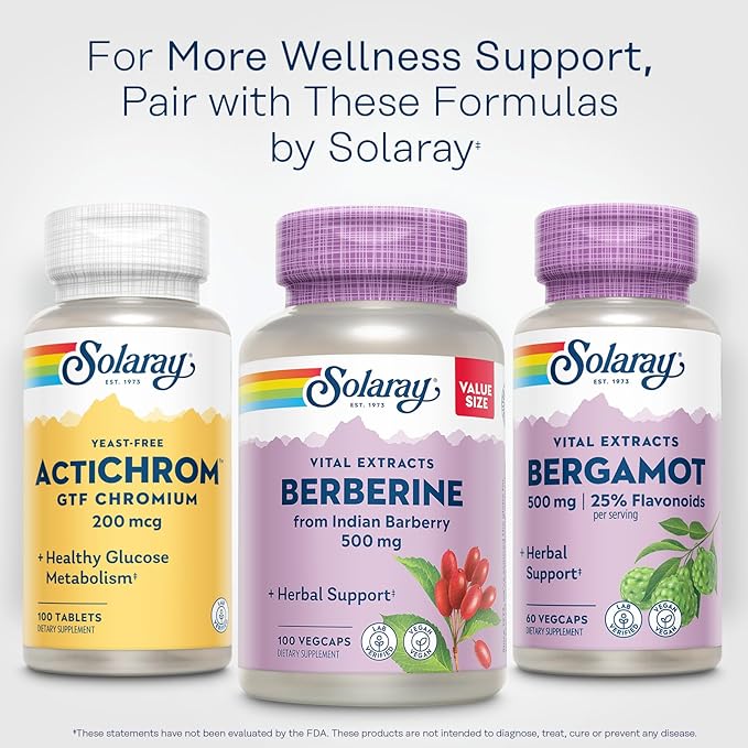 SOLARAY Bergamot 500 mg - Citrus Bergamot Supplement for an Active Lifestyle - Standardized to 25% Flavonoids - with Berberine HCl from Indian Barberry - Vegan 60-Day Guarantee 30 Serv 60 VegCaps