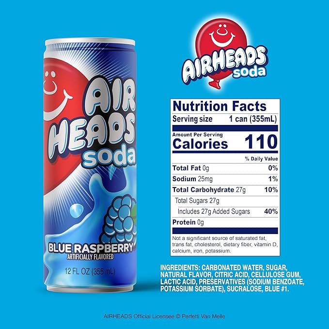 Airheads Blue Raspberry Soda – 12 Pack of 12oz Sleek Cans | Fruit Soda with a Cream Flavor Kick | Fun Bold and Flavor-Packed Refreshment