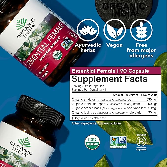 ORGANIC INDIA Essential Female Herbal Supplement - Hormonal Balance Women's Formula Reproductive Health Adaptogen Ayurvedic USDA Certified Organic Non-GMO - 90 Capsules
