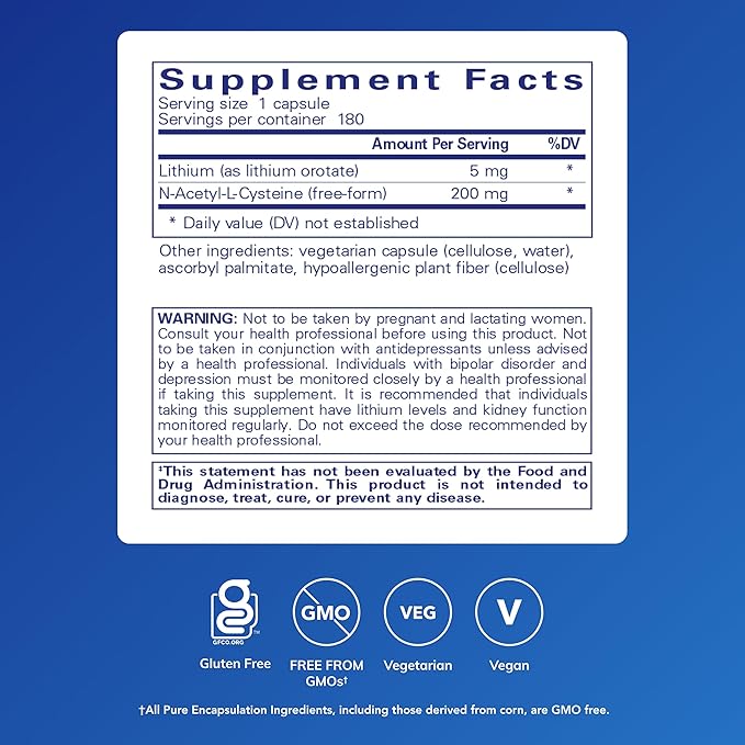 Pure Encapsulations Lithium Orotate 5 mg - Brain Support Supplement - with N-Acetyl-L-Cysteine (NAC) for Memory &amp Brain Behavior* - Gluten Free &amp Non-GMO - 180 Capsules