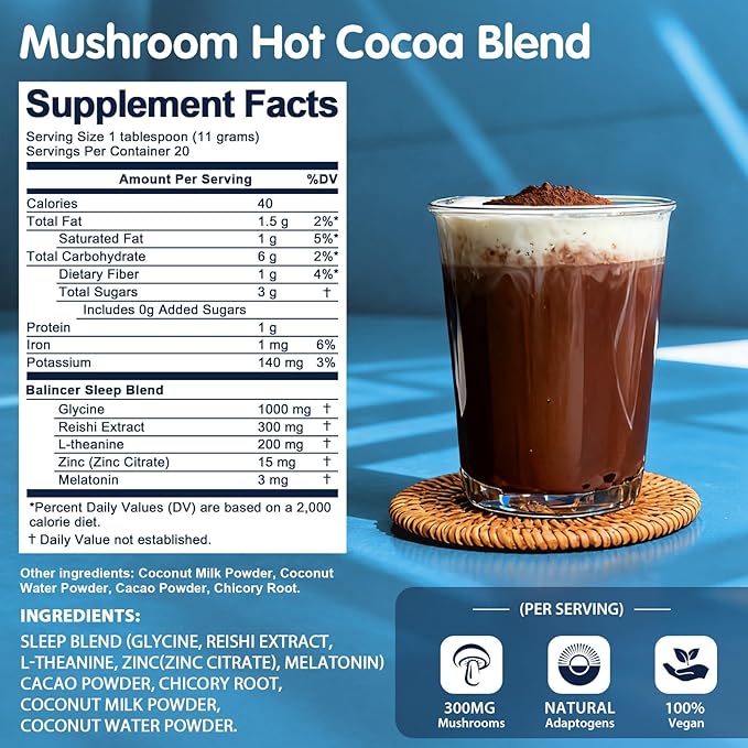 Mushroom Hot Cocoa Powder Sleep Supplement with Reishi Mushroom Melatonin Glycine Cacao L-Theanine Chicory Supports Relaxation &amp Fall Asleep Vegan 20 Servings