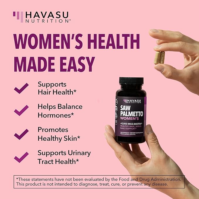 Saw Palmetto for Women with Biotin 5000mcg - Powerful DHT Blocker to Support Hair Skin and Nail Health - 120 Count - Vegan Non-GMO Vitamin for Stronger Fuller Looking Locks - 2 Month Supply