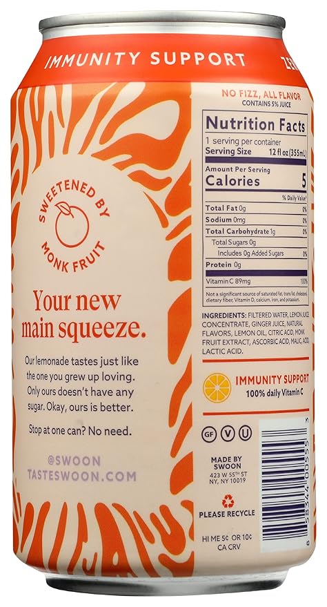 Swoon Ginger Lemonade Zero Sugar Gluten Free 12 Fluid Ounce (Pack of 12)