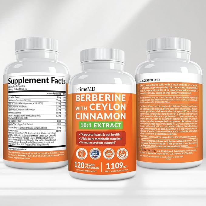 21-in-1 Berberine Supplement with Ceylon Cinnamon with Chromium Bitter Melon and Green Tea Extract and Black Pepper Extract 5X for Energy &amp Metabolism Support with 5279 mg (120 ct Pack of 2)