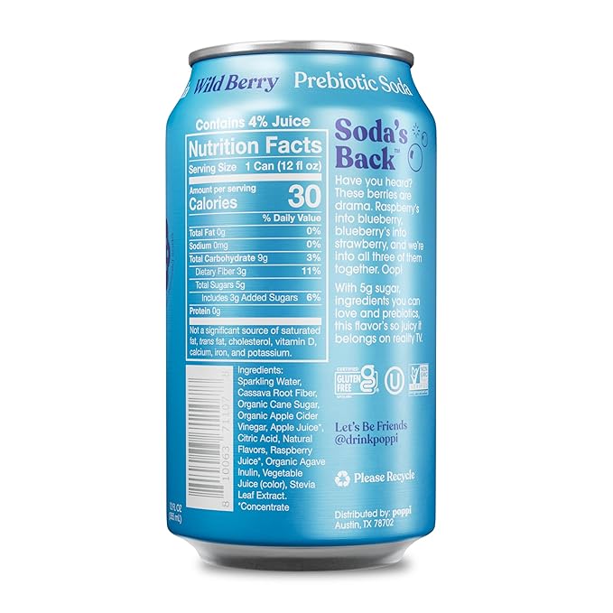 Poppi Sparkling Prebiotic Soda Beverage with Apple Cider Vinegar Seltzer Water and Fruit Juice Wild Berry Flavor 12 oz Pack of 12 Packaging May Vary.