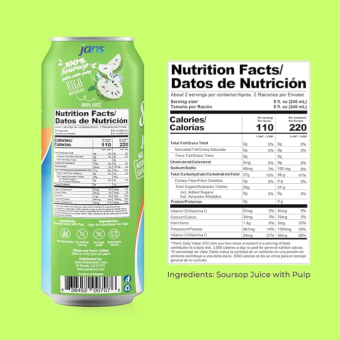 Jans Soursop &amp Lychee Juice with Pulp 16oz (Pack of 24) 100% Natural Juice Drinks