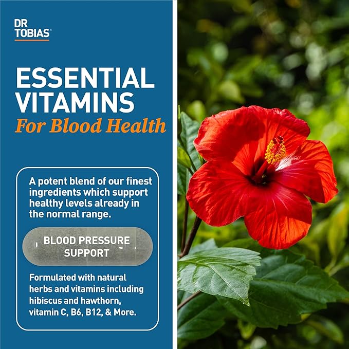 Dr. Tobias Blood Pressure Support Supplement with Hawthorn Hibiscus Flower Olive Leaf &amp Garlic Supports Normal Circulatory Health with Vitamins C B6 B12 Niacin Folate &amp Herbs 90 Capsul