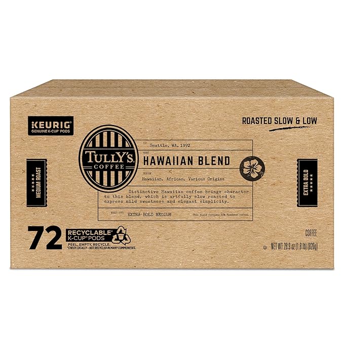 Tully's Coffee Hawaiian Blend Keurig Single-Serve K-Cup Pods Medium Roast 72 Count