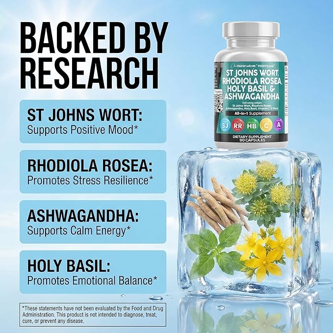 Clean Nutraceuticals St Johns Wort Rhodiola Rosea Holy Basil Ashwagandha - Mood Support for Women and Men with Vitamin C &amp Black Pepper Extract - 90 Caps
