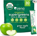 Zena Nutrition Organic Super Greens Powder 70+ Superfoods 0 Sugar 3g Fiber Spirulina Chlorella Mushrooms Prebiotics/Probiotics Digestive Enzymes Gut Health Green Apple 30 Drink Mix Packets