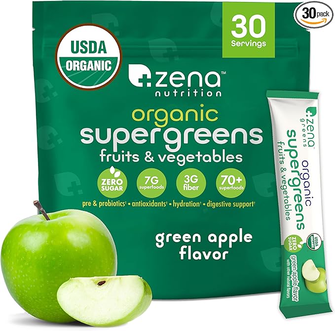 Zena Nutrition Organic Super Greens Powder 70+ Superfoods 0 Sugar 3g Fiber Spirulina Chlorella Mushrooms Prebiotics/Probiotics Digestive Enzymes Gut Health Green Apple 30 Drink Mix Packets