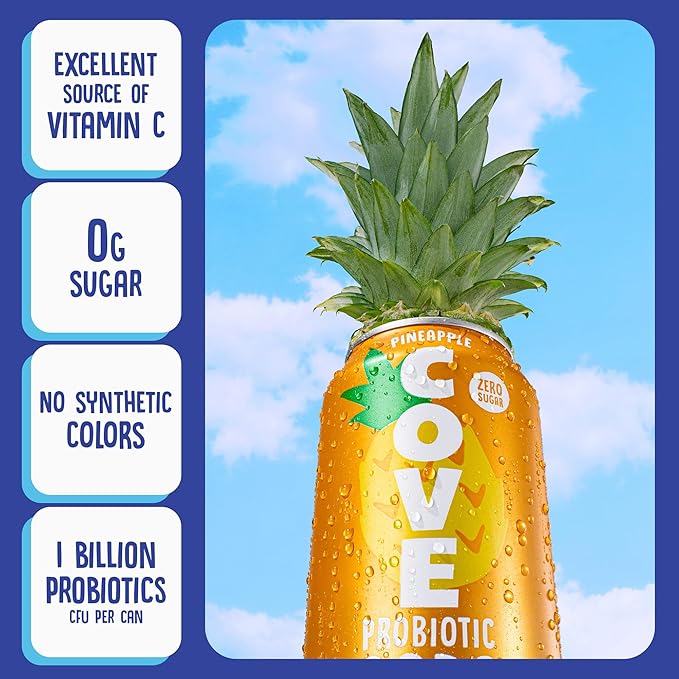 Cove Prebiotic Soda Soft Drinks with Zero Sugar - Refreshing Healthy Soda Alternative with 4g of Fiber for Digestive Support - Natural Caffeine Free Sparkling Beverage - Pineapple 12 Pack