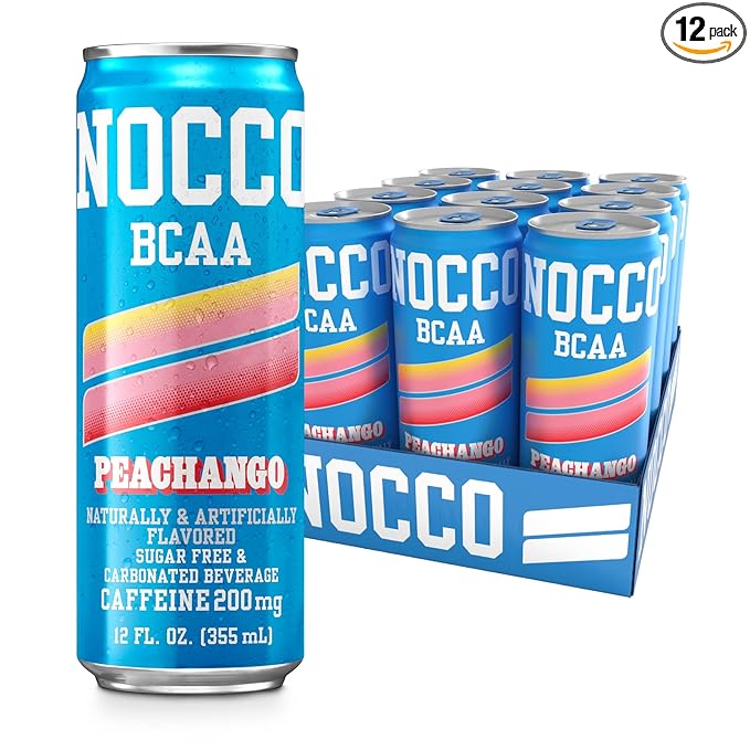 NOCCO BCAA Energy Drink PEACHANGO - 12 Fl Oz (Pack of 12) - 200mg of Caffeine Sugar Free Energy Drinks - Carbonated &amp Low Calorie BCAAs Vitamin B6 B12 &amp Biotin - Grab &amp Go Performance