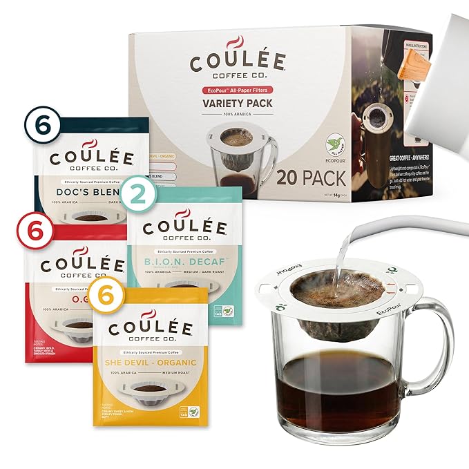 Coulée EcoPour Coffee Variety Pack Single Serve Pour Over Coffee Use for Camping or Traveling Pre Filled Compostable Filters Ready to Brew with Hot Water Includes 4 Flavors 20 Pack