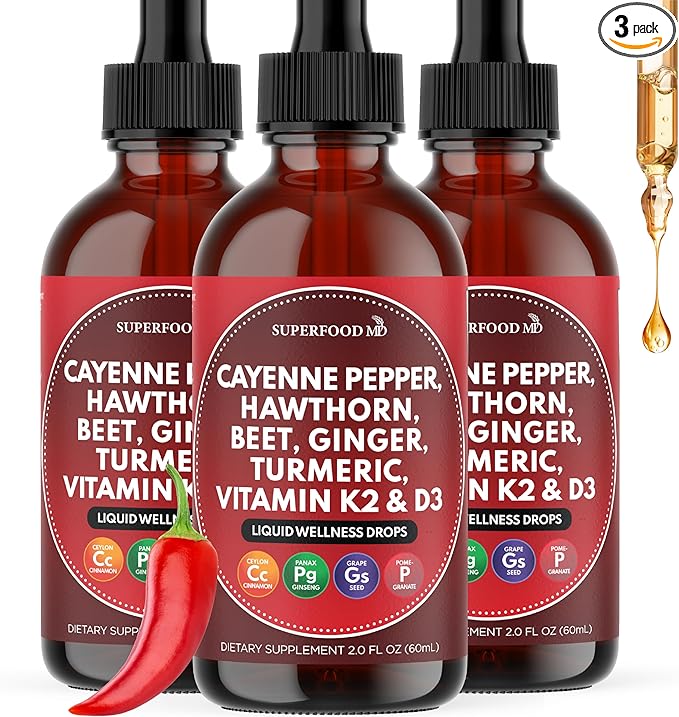 Cayenne Pepper Supplement Liquid Drops + Hawthorn Berry Vitamin D3 K2 Beet Root Powder Ceylon Cinnamon Turmeric Curcumin Organic Panax Ginseng - 6 OZ