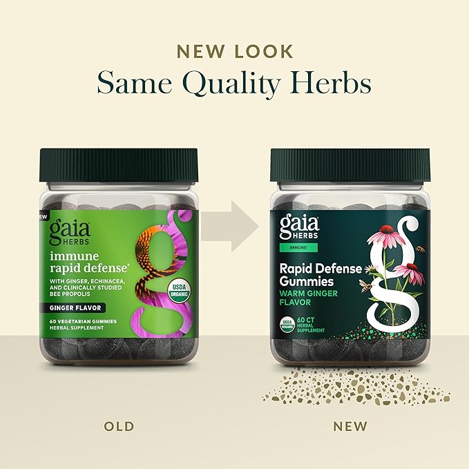 Gaia Herbs Rapid Defense Gummies - Supports Immune Health* - with Propolis Ginger &amp Echinacea - USDA Organic - 60 Vegetarian Gummies (30 Servings)