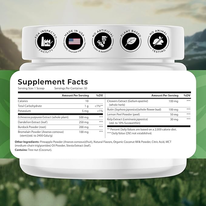 Lymph Go - Lymphatic Drainage Supplement for Women &amp Men - Lymph System Support - with with Bromelain Echinacea Burdock Root Dandelion Rutin Kelp &amp More - 4.06 Oz - 30 Servings - Tropical