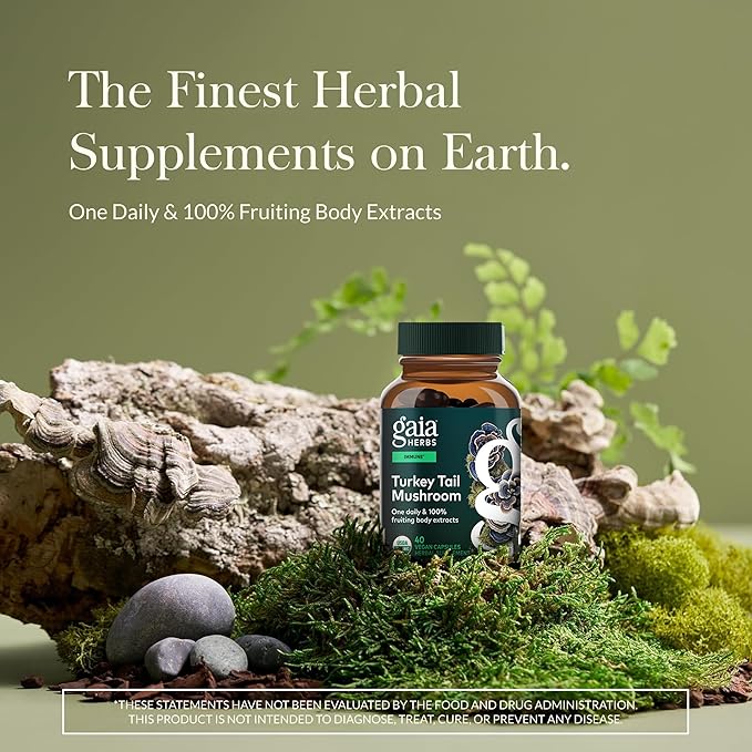 Gaia Herbs Turkey Tail Mushroom - Traditional Immune Support &amp Liver Health Supplement* - with Organic Turkey Tail Mushroom Fruiting Body Extract - 40 Vegan Capsules (40 Servings)