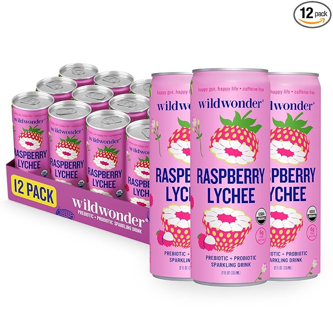NEW! wildwonder Sparkling Probiotic Drink 12pk For Gut Health &amp Immune Support Raspberry Lychee 5g Prebiotic Fiber Live Probiotics Organic Vegan Low Sugar 12 Pack 12oz Can Seen on Shark