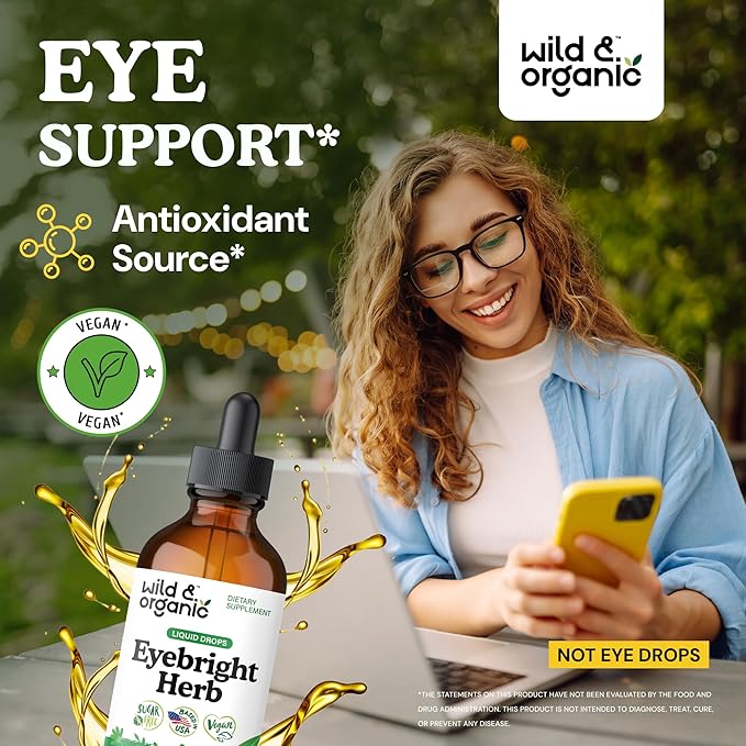 Wild &amp Organic Eyebright Herb Tincture - Vision Support with Euphrasia Extract - Dietary Eyebright Drops 500 mg - Vegan Sugar &amp Alcohol-Free Liquid Supplement - 4 fl oz