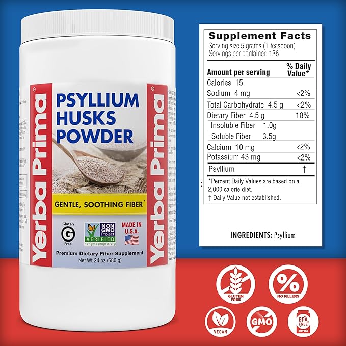 Yerba Prima Psyllium Husks Powder - 24 oz (Pack of 2) - Unflavored - Fine Ground - Natural Fiber Supplement with Soluble &amp Insoluble Fiber
